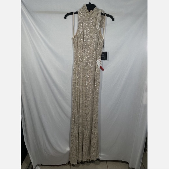 NEW $398 IEENA Mac Duggal [ 0 ] Sequin Bow Halter Neck‎ Column Gown Silver - Picture 2 of 15